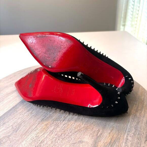 Christian Louboutin Follies Spikes 100 Pumps Black Suede Red Sole Heels Size 8.5 - Picture 14 of 15